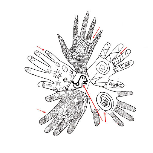 Screen printed hands by East High School students used in MYArts second and third murals