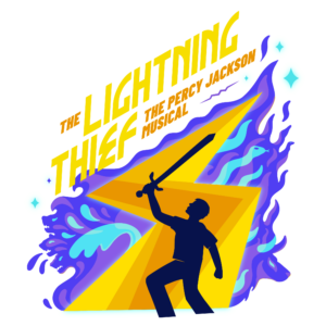 Marketing Image for The Lightning Thief Musical: the silhouette of young boy (Percy Jackson) holding a sword. Image of a lightning bolt and water spashes behind him.