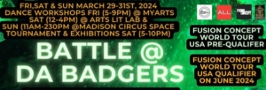 Battle @ Da Badgers Fusion Dance Workshop dates and times. White letters on a black and green background with a QR code to scan for more info.